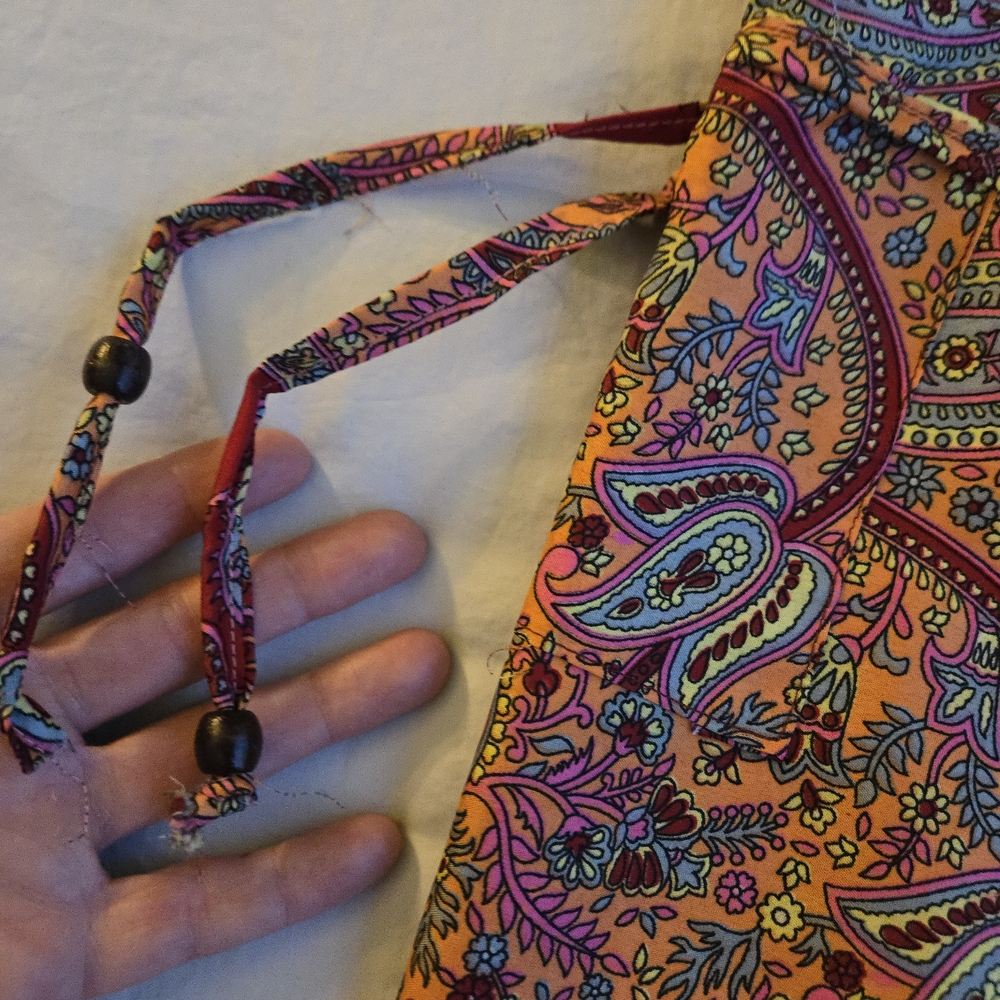 Orange Paisley Silk Wide Leg Boho Pants Elastic Waist Tassle Ties CW3 - Picture 2 of 11